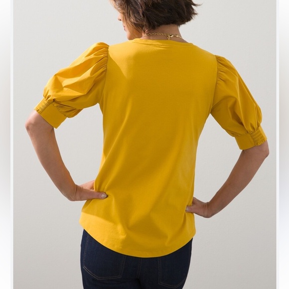 CHICO'S Cottage Coastal Smocked Puff SLV Scoop Cotton Marigold Brunch Blouse XL - Picture 4 of 16